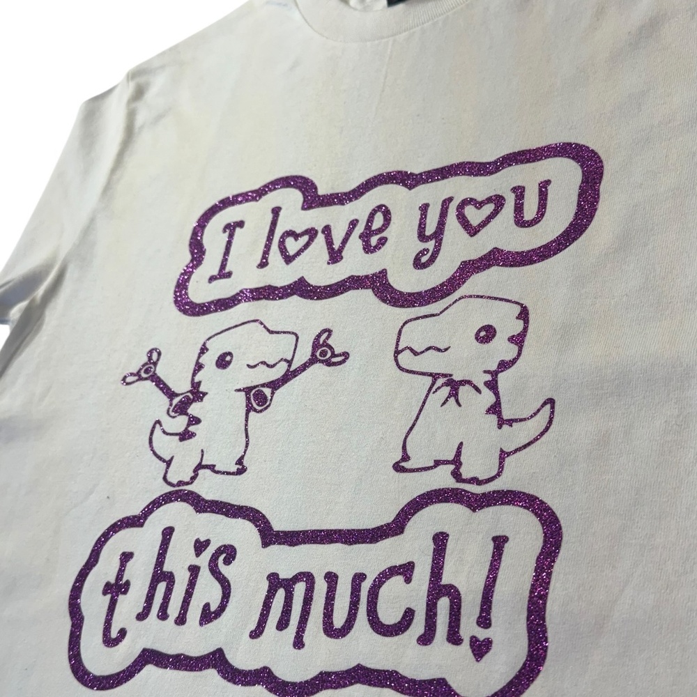 I Love You This Much Graphic T-Shirt, White, Purple Glitter Print, Cute Dinosaur